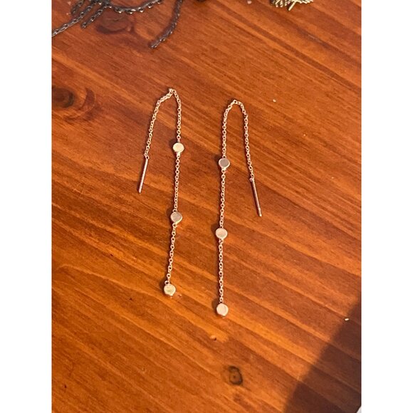 Delicate Rose Gold Tone Chain Threader Earrings Minimalist Disc Accents 4.5" - Picture 2 of 3